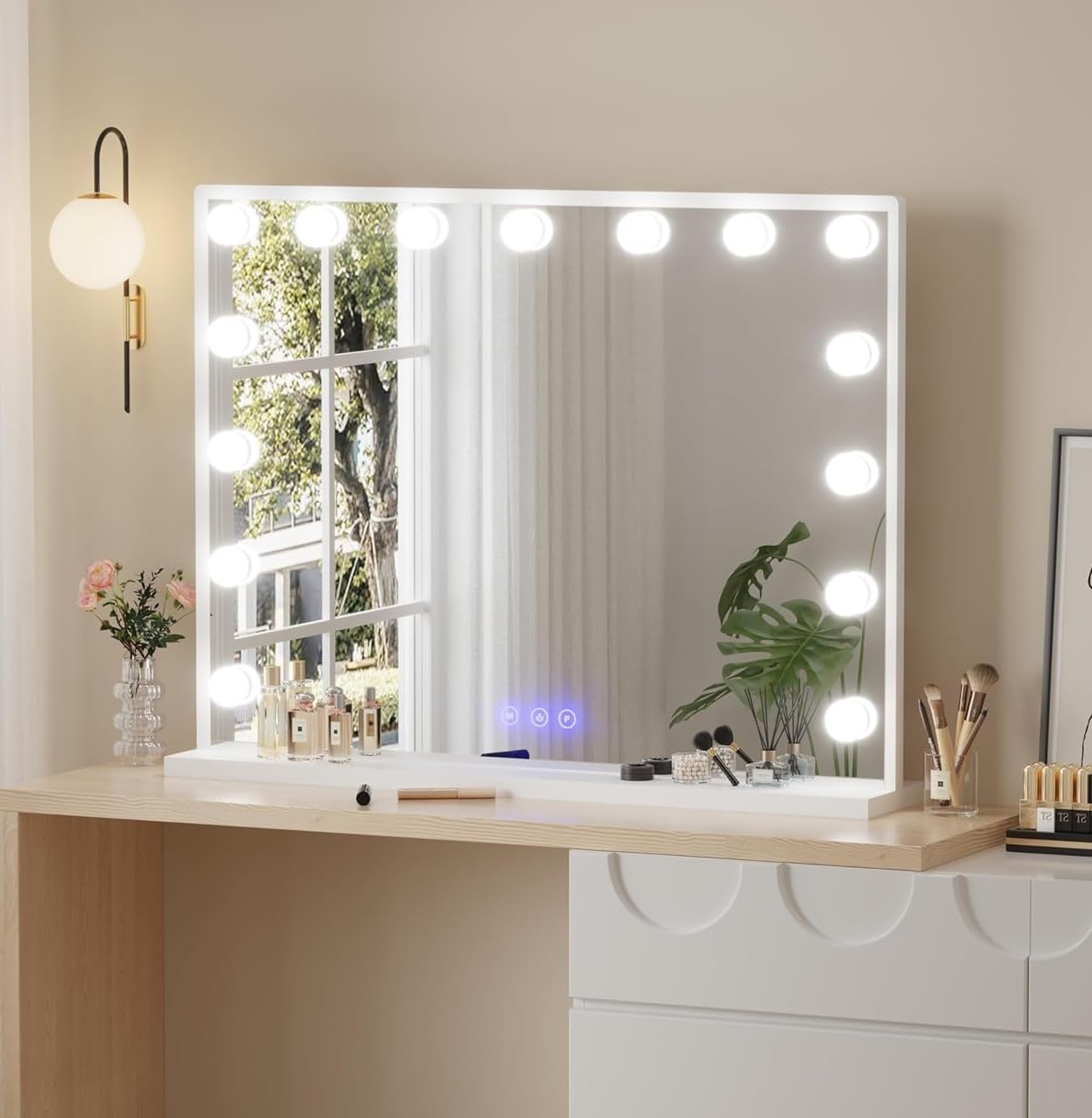 AVC Designs Hollywood Vanity Cosmetic Mirror with LED Lights Large Makeup Mirror with 15 Dimmable Bulbs and 3 Lighting Modes 58 x 45cm