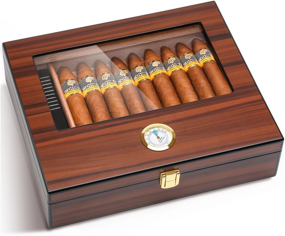 Bald Eagle Cigar Humidor, Glass Top Box with Humidifier Hygrometer, Handmade Desktop Cedar Wood Case Holds 25-30 Cigars