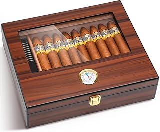 Bald Eagle Cigar Humidor, Glass Top Box with Humidifier Hygrometer, Handmade Desktop Cedar Wood Case Holds 25-30 Cigars
