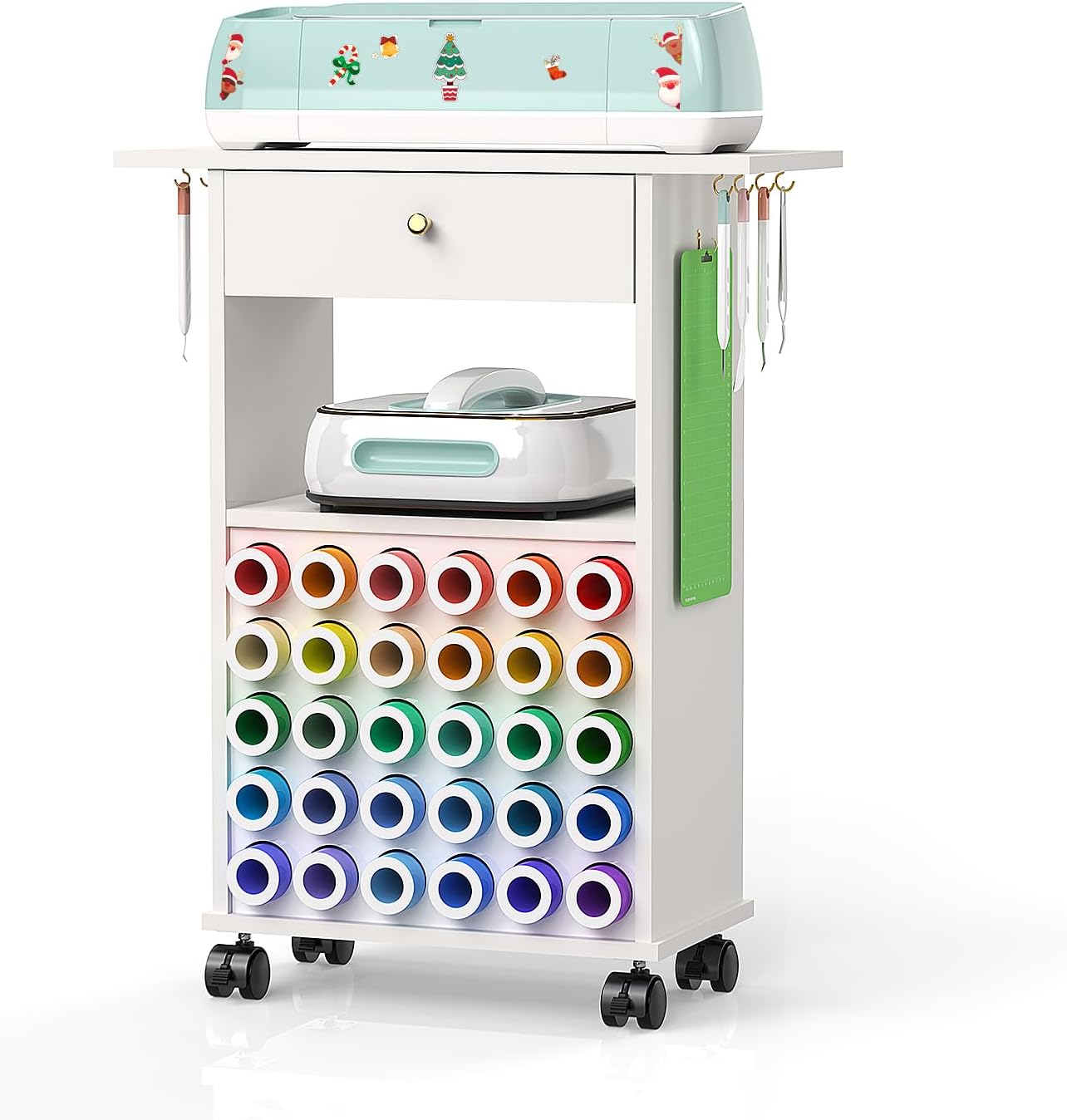 Craft Organization and Storage Rolling Cart Compatible with All Cricut Machines, Craft Table with 20 Cricut Vinyl Roll Holders,Craft Cart with Storage for Craft Room Home