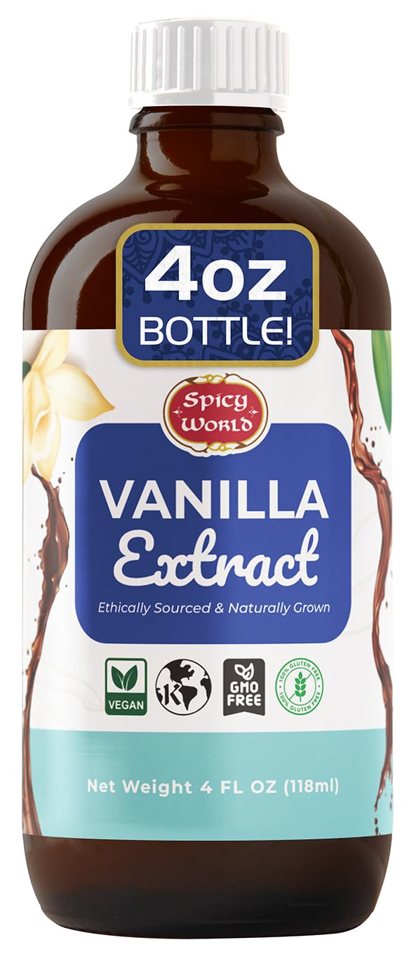 Spicy World Pure Vanilla Extract 4oz - 100% Real Vanilla Extract - Made from Grade B Vanilla Beans - For Cooking, Drinks & Desserts - 100% Vegan, Sugar Free & Kosher - Non-GMO & Gluten-Free - Glass Bottle (4 Ounce Bottle)