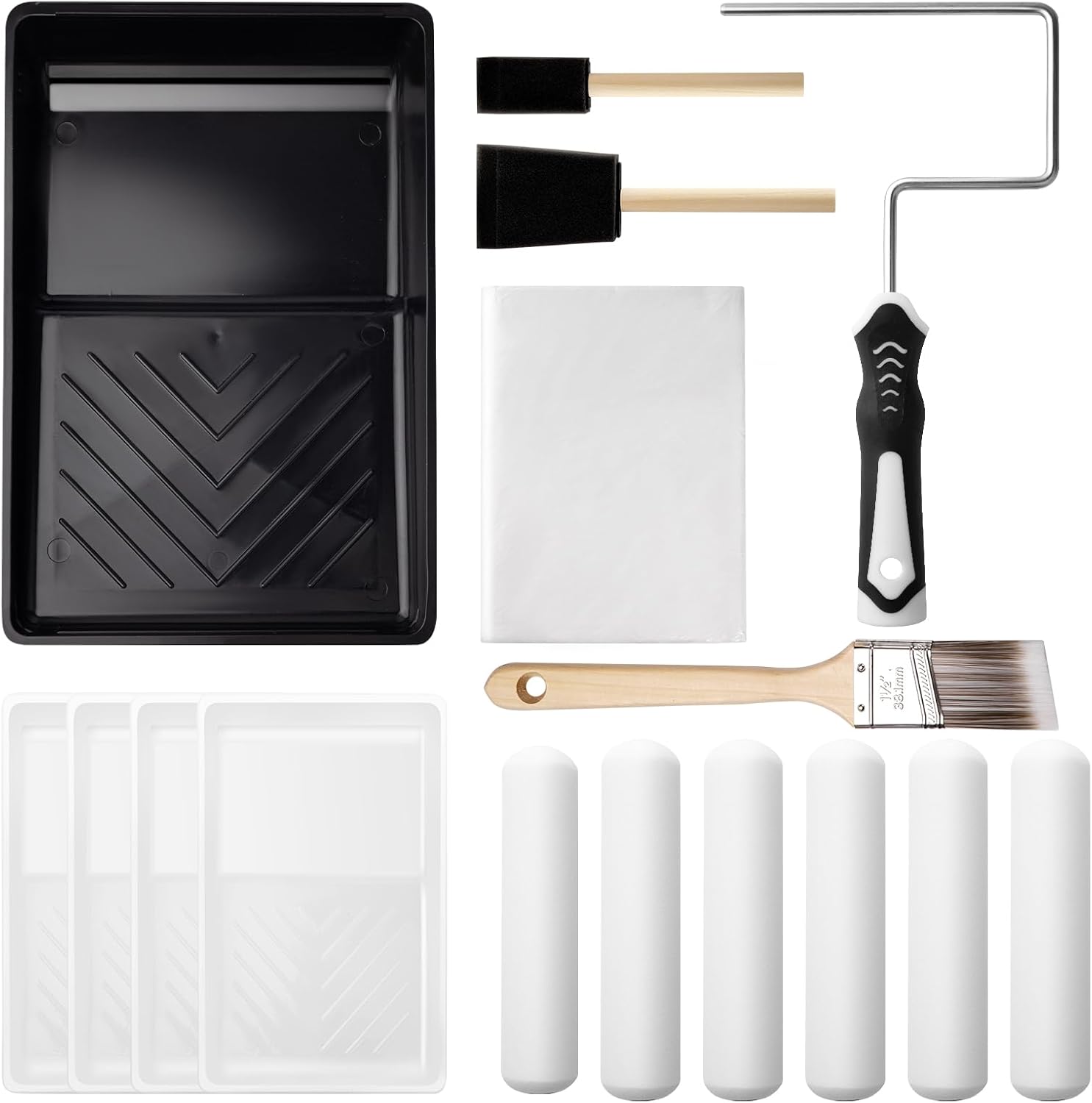 Mister Rui 16pcs Paint Roller Kit, 6" Paint Rollers, 6 Inch Foam Paint Roller Kit, Paint Tray and Disposable Liners, Paint Brush, Painting Tools for House Painting and Renovation