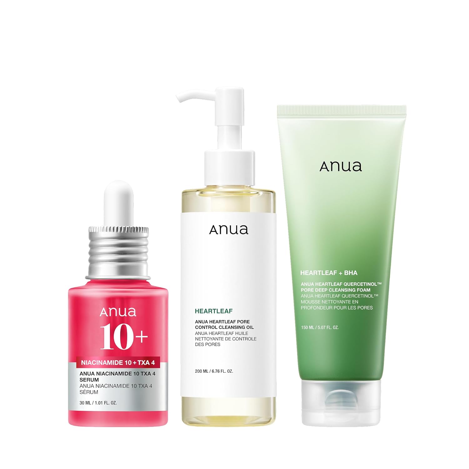 Anua 3-Step Glass Skin Beginner Set, Double Cleansing with Facial Serum, Oil Cleanser & Face Wash with Heartleaf, Daily Routine with Niacinamide, Korean Skincare Set