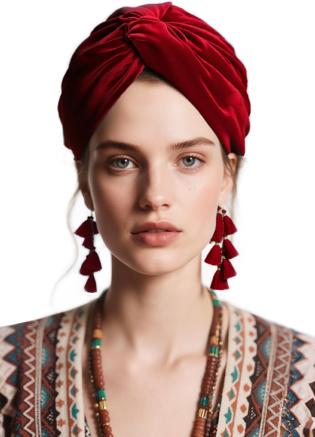 Coucoland Velvet Tassel Turban Wrap - Vintage Headwrap Hat for Women Soft Twist Knot Hair Cover with Removable Fringe