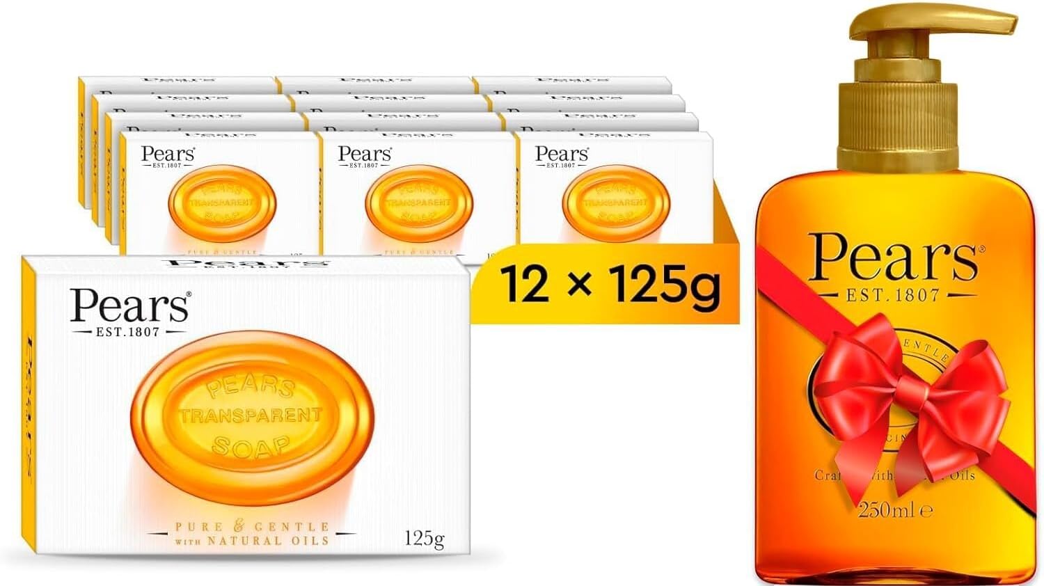 Pears Transparent Amber Soap 125 g Pack of 12 + Pears Hand Wash Original 250ml