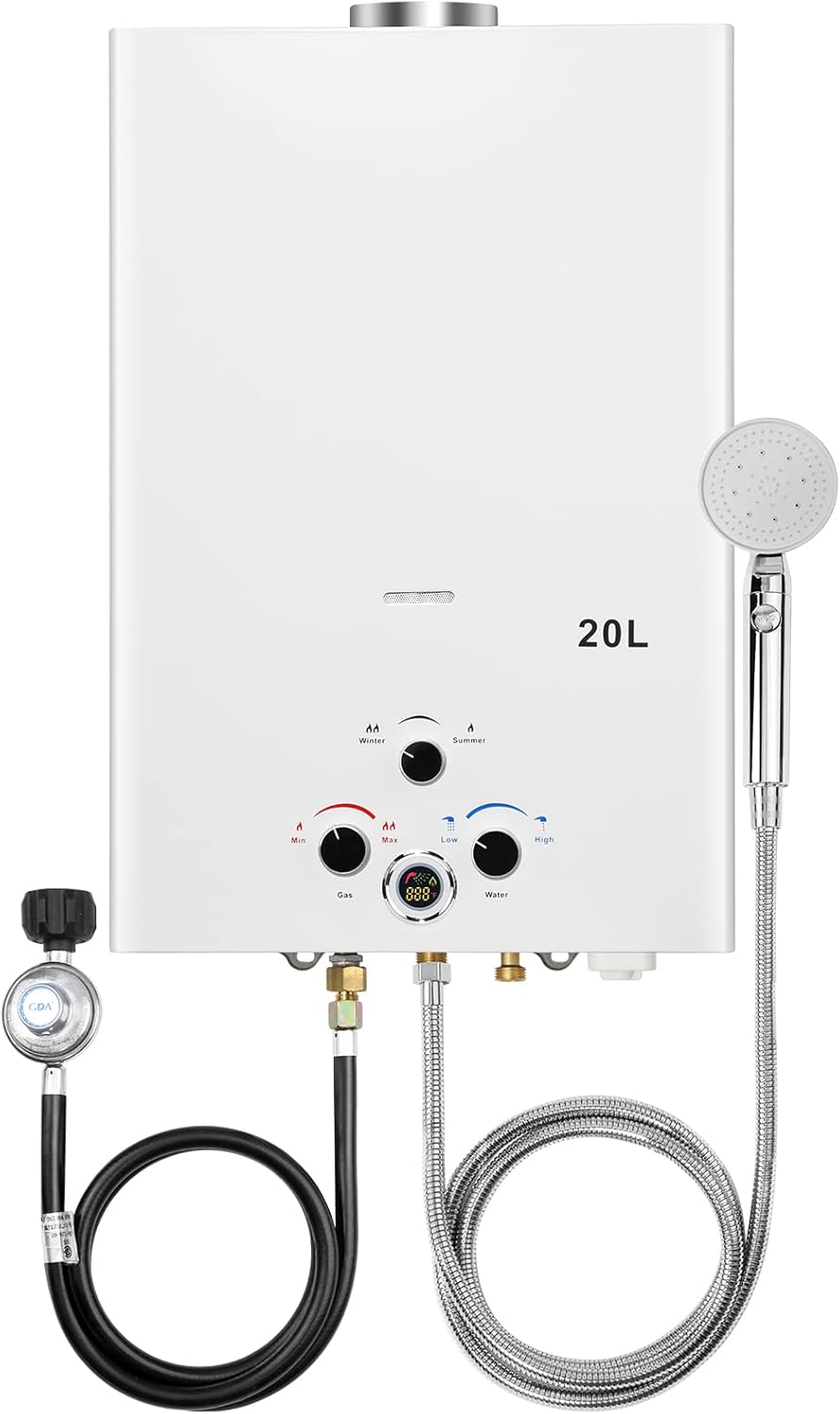Tankless Water Heater Propane 5.26GPM 20L Outdoor Portable Gas Hot Water Heaters Instant Propane Water Heater with Digital Display Multi-Protection for Camping Trips Boat Cabins
