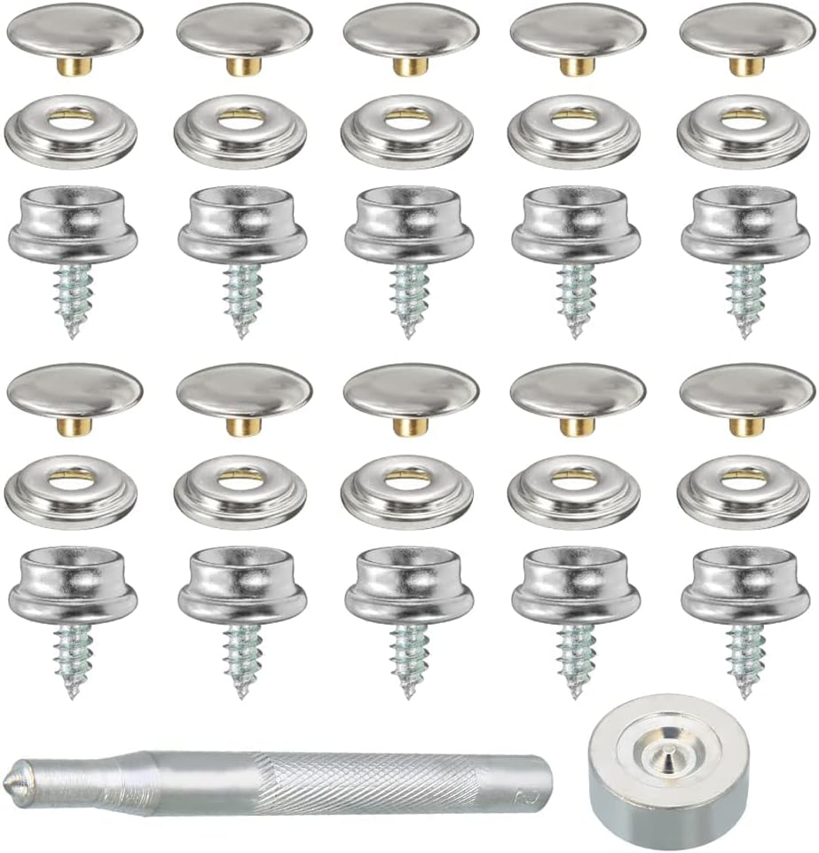 32 Pcs Screw Snap Fastener Kit Silver Canvas Snaps Kit Stainless Steel Snap Fasteners Press Stud Kit for DIY Projects Boat Cover Wood Leather Crafts - 15mm
