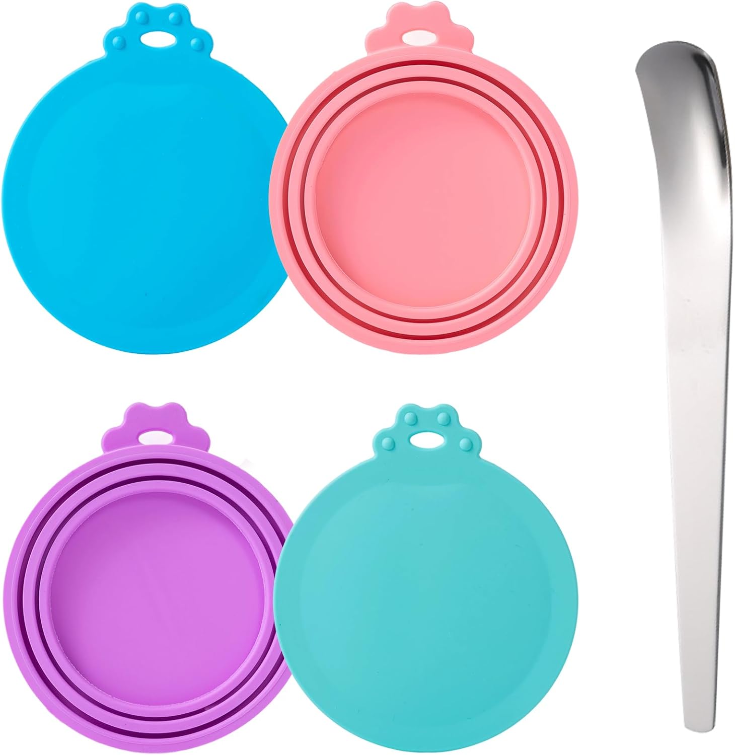 SLSON 4 Pack Pet Tin Can Silicone Lids with 1 Spoon Universal Cat Food Can Covers 1 Fits 3 Standard Size Pet Covers lids for Dog＆Cat Food Storage