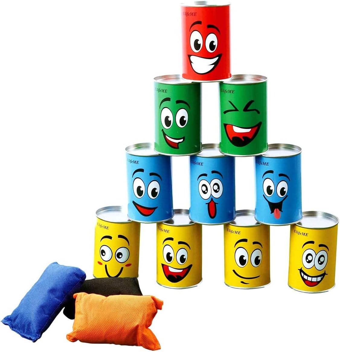 Ulifeme Tin Can Alley Game, Outdoor Garden Target Shooting Fairground Games for Kids & Children, Garden Party Toys Gift for Boys & Girls: 10pcs Fun Smile Knock Down Tin Cans and 3pcs Beanbags