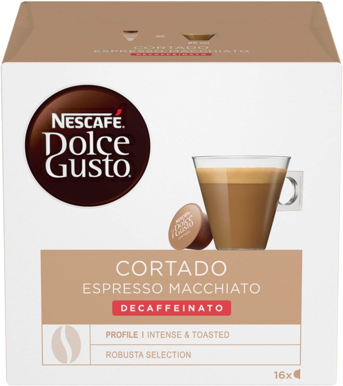 BOX OF NESCAFE DOLCE GUSTO CORTADO DECAF DECAFFEINATED COFFEE PODS