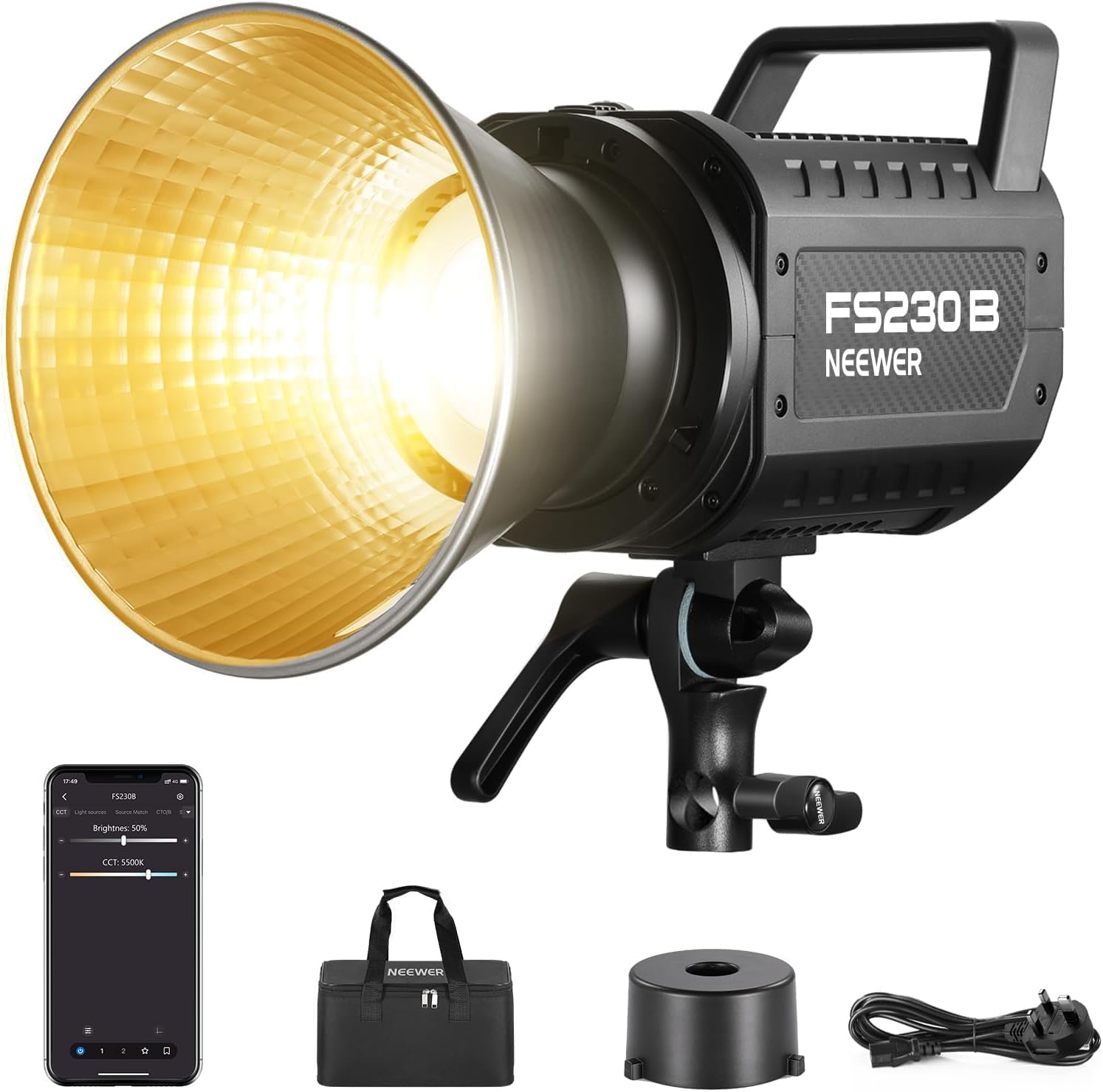 NEEWER FS230B LED Video Light 2.4G/APP Control, 230W Bi Color COB Silent Photography Continuous Output Lighting with 4 PWM Dimming Types, 110000lux/m, 2700K-6500K, CRI 97+, 12 Scenes, Bowens Mount