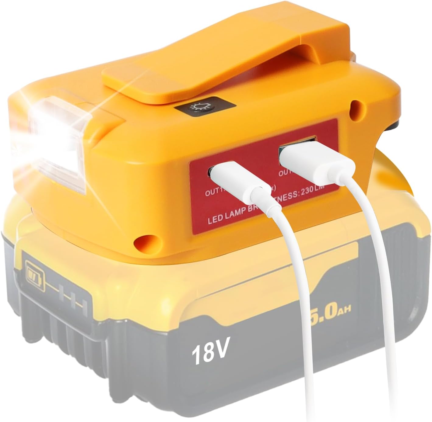 QUPERR - Power Source USB Battery Adapter for Dewalt 18V Battery, LED Work Light Converter with a pair of USB Phone Charger Interface, with DC Port Cordless Flashlight（Adapter Only）