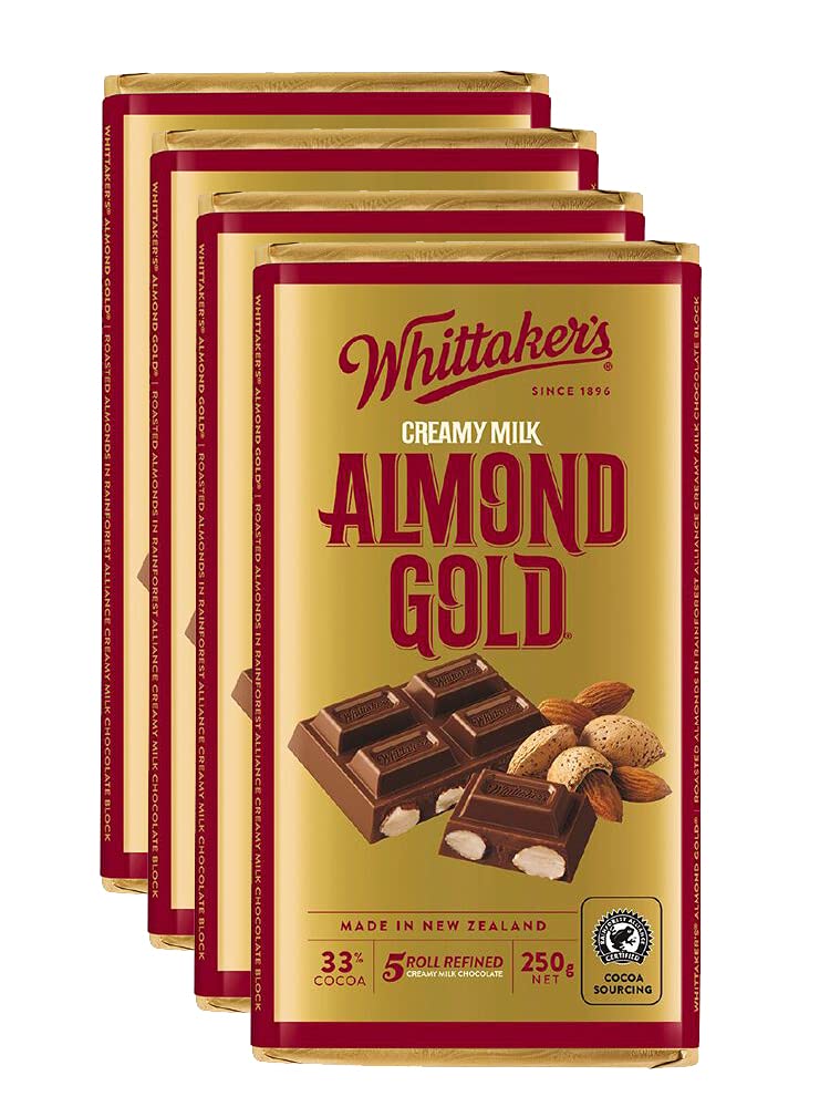 Whittaker's Almond Gold Chocolate Block 250g (Pack of 4) （Made in New Zealand）