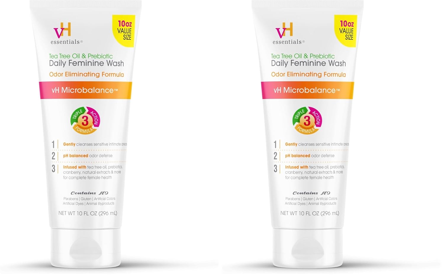 vH essentials Daily Feminine Wash - 10 Fl Oz - Odor Eliminating Vaginal Wash with Tea Tree Oil,Prebiotics and Cranberry,gentle cleanser + pH balancing,(Pack of 2)