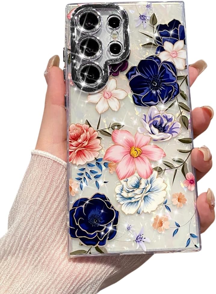 for Samsung Galaxy S24 Ultra Case Sparkle Bling Glitter Cute Phone Cover for Women Girls Aesthetic Design TPU Shockproof Protective Case (Blue Flower, Samsung Galaxy S24 Ultra Case 6.8")