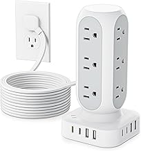 Flat Plug Power Strip Tower, 40W Total Fast Charging Station, Dual PD 20W USB-C Surge Protector with 12 AC Outlets and 8 USB Ports (4 USB C), 10FT Extension Cord for Home Office Dorm Room