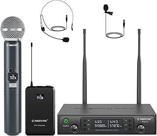 Phenyx Pro Wireless Microphone System, Dual Mic Set with Handheld/Bodypack/Lapel Mics,Auto Scan, 2x100 UHF Frequencies,328ft Range,Cordless Microphone for Singing, Karaoke, Church(PTU-71-1H1B)