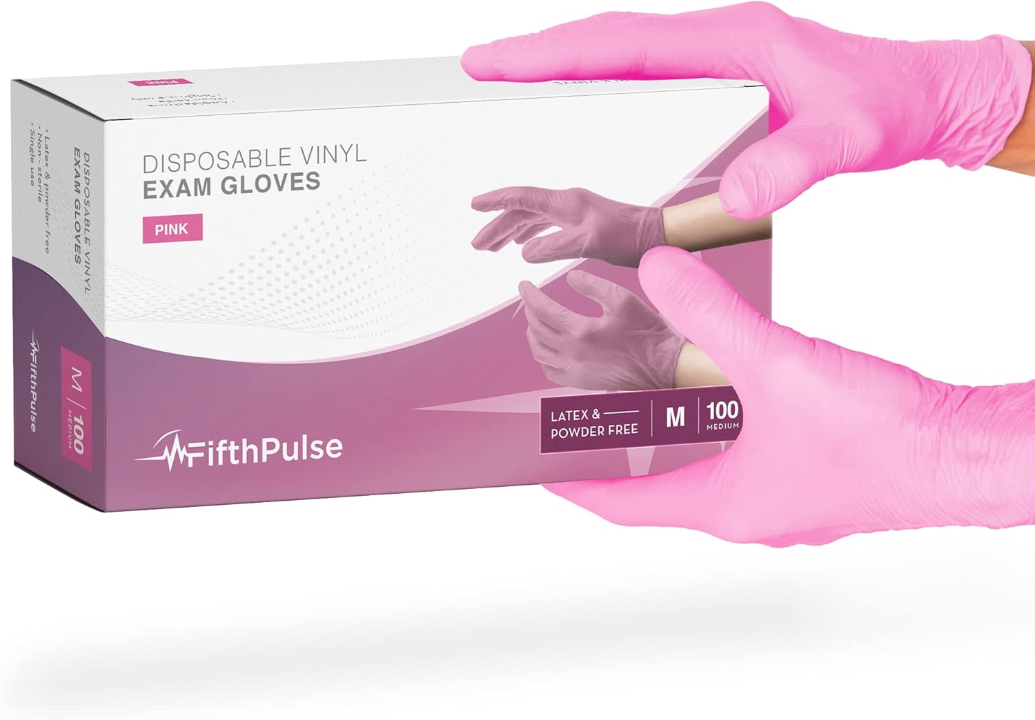 FifthPulse Pink Vinyl Disposable Gloves 100 Pack - Powder and Latex Free Medical Exam Gloves