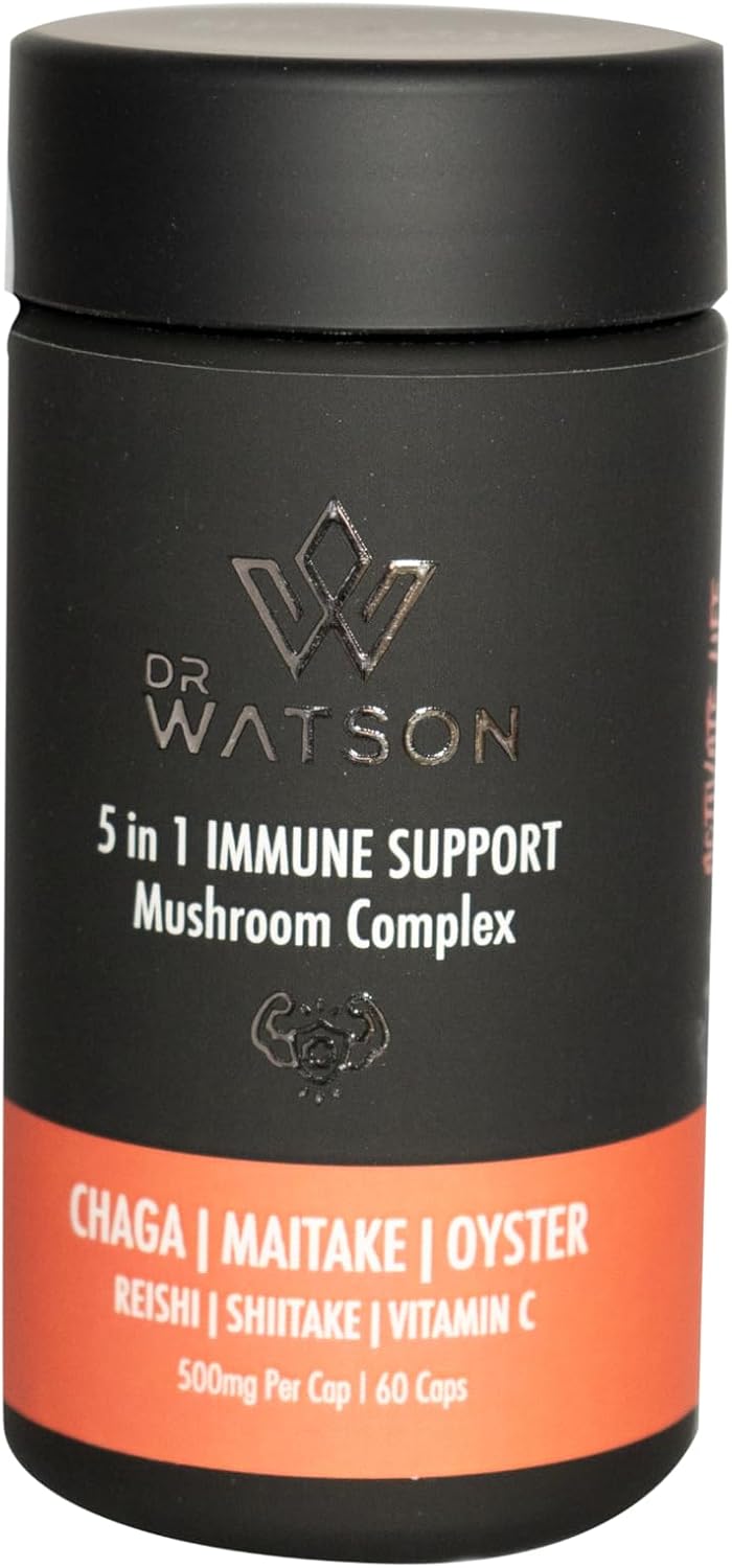 Dr Watson 5 in 1 Immune Support Mushroom Supplement & Mineral Capsules |for Mind Endurance |Chaga Maitake Reishi Vitamin C Tumeric | 500mg Per Cap | 60 Capsules
