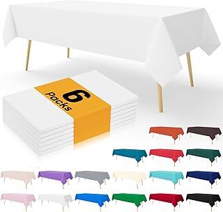 Smiry Disposable Table Cloth - 6 Pack, 54 x 108 Inch Table Cloths for Parties, Decorative Tablecloths for Rectangle Tables, Waterproof Plastic Table Cover, Leakproof & Sturdy, White