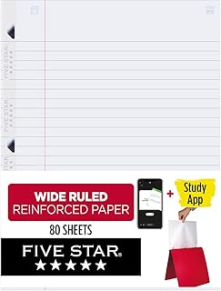 Five Star Loose Leaf Paper Plus Study App, Notebook Paper, Wide Ruled Filler Paper, Reinforced, Fights Ink Bleed, 8 x 10.5, 80 Sheets (150002)