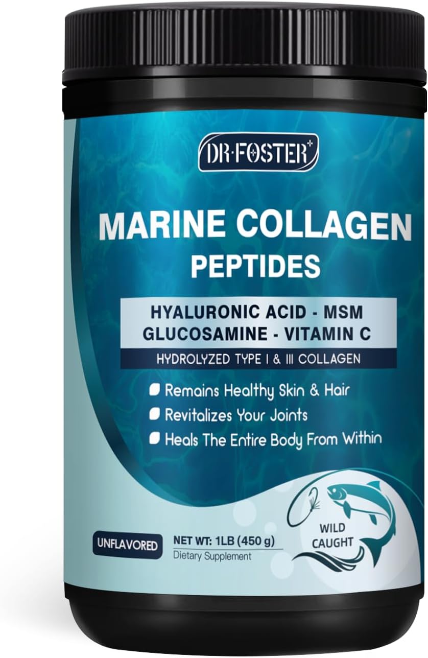 DRFOSTER Marine Collagen Peptides Powder with MSM + GC, Multi Type I & III Collagen with Hyaluronic Acid, Vitamin C & E for Skin, Hair & Nails, Wild-Caught Fish, 45 Servings