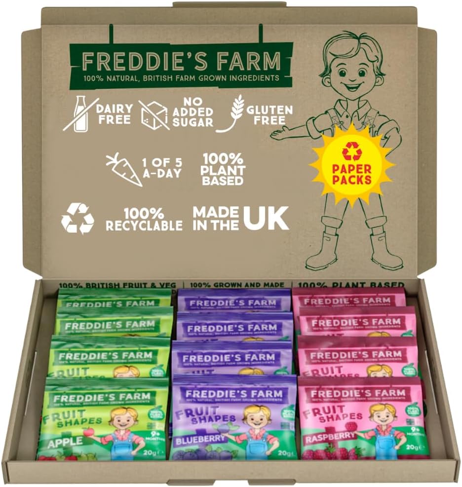 Freddie’s Farm Kids Snacks | Fruit Snacks Multipack - Raspberry, Blueberry, Apple Fruit Shapes | Lunchbox Snacks For Kids | 100% Fruit & Veg | Plastic Free, Recyclable & Made in the UK | 12 x 20g