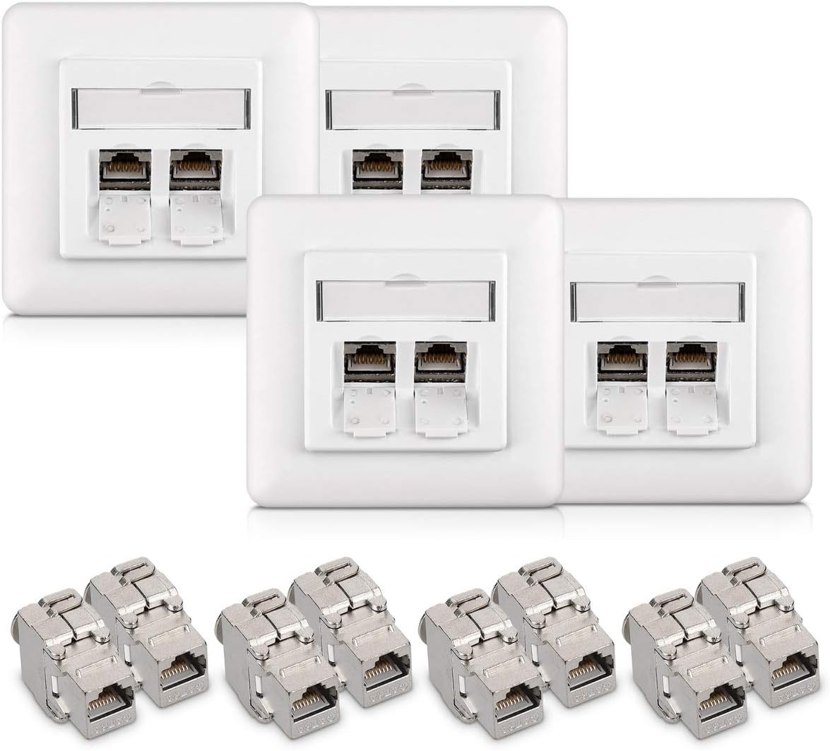 kwmobile Keystone Module Kit - Includes (8) CAT6A Shielded Keystone Jack RJ45 Ethernet Module 10G + (4) 2-Port Wall Plate and Shielded Metal Housing
