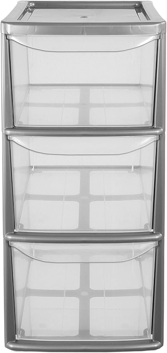 Medium Lightweight & Strong Silver Plastic Storage Tower Unit With 3 Clear Drawers (1)
