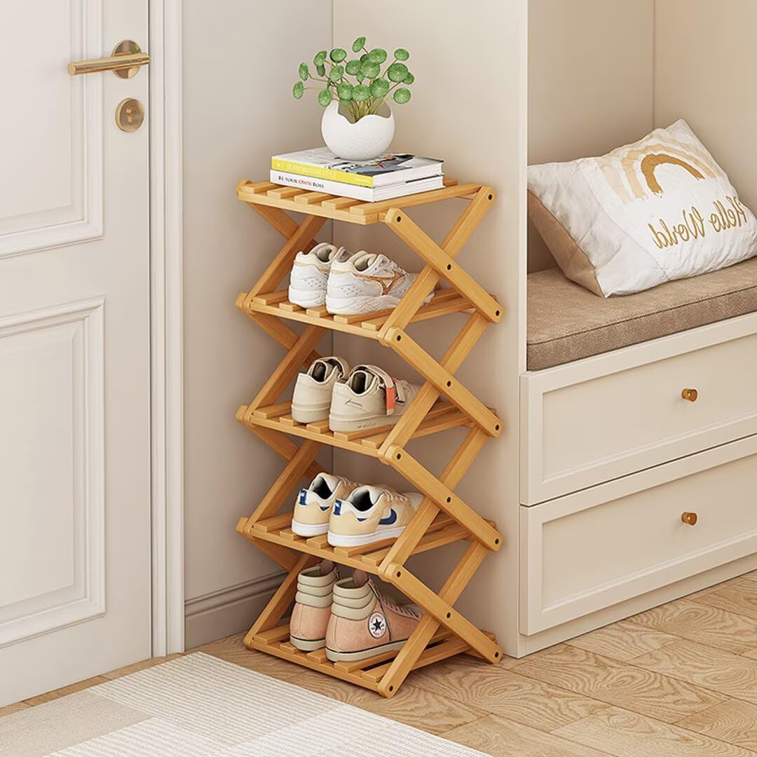 Vertical Shoe Rack Folding 5 Tier, Narrow Shoe Storage Rack, Bamboo Shoe Shelf, Tall Shoe Stand, Without Installation, Shoes Racks Small for Corridors, Entrance and Small Spaces, Wood Color