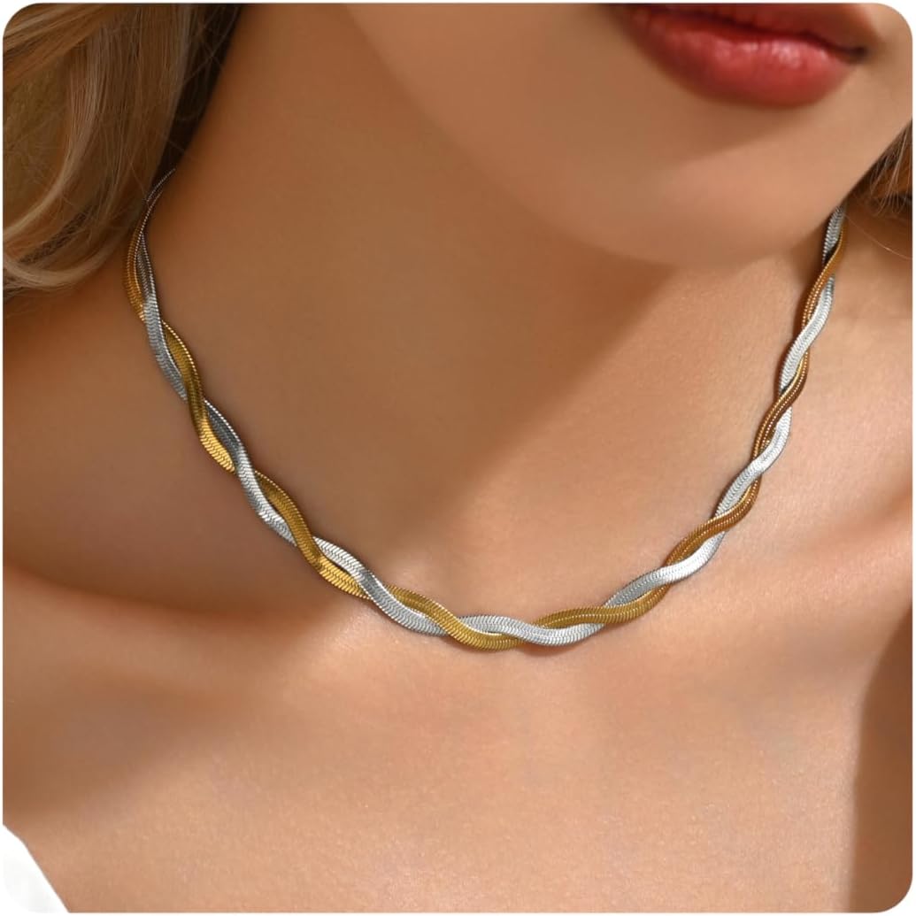 18K Gold Plated Snake Chain Herringbone Necklace Layered Choker Chain Necklaces for Women Dainty Dot Pendant Necklaces Waterproof Jewelry