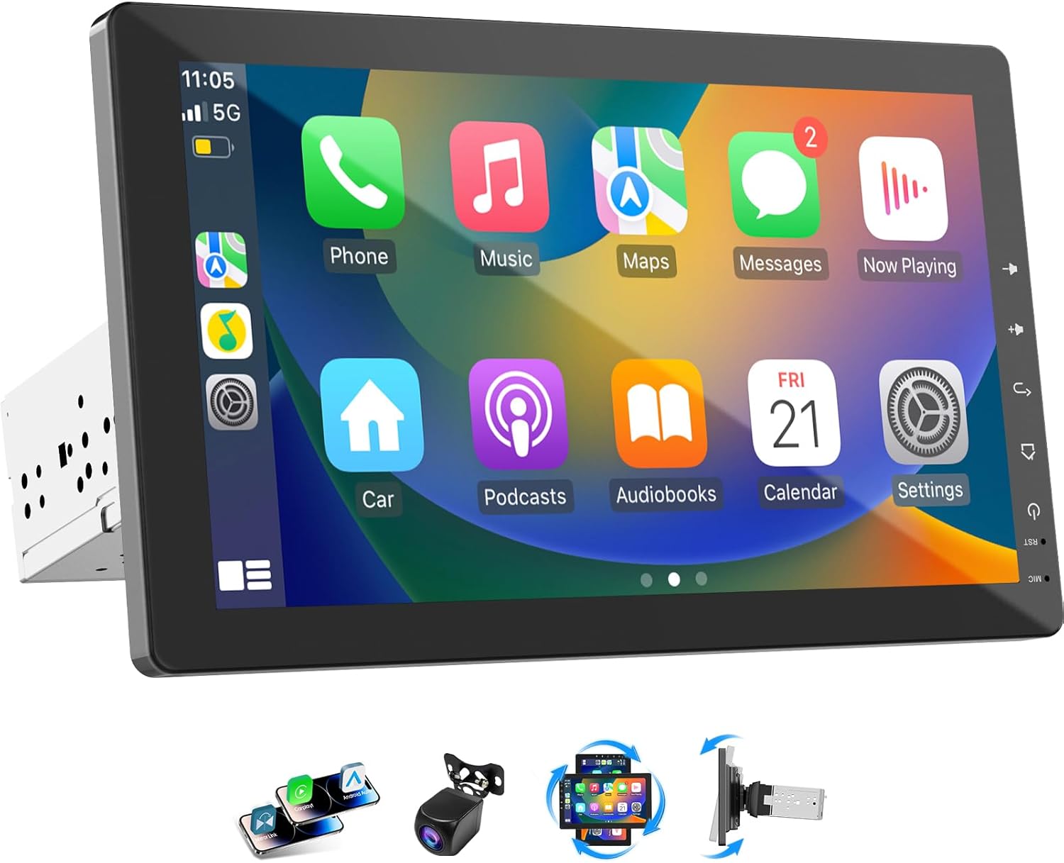 10.1" Single Din Car Radio with Rotatable Touchscreen, Wireless Apple CarPlay, Android Auto, GPS Navigation, Bluetooth, Hi-Fi Sound, Voice Control, Backup Camera, 1080P