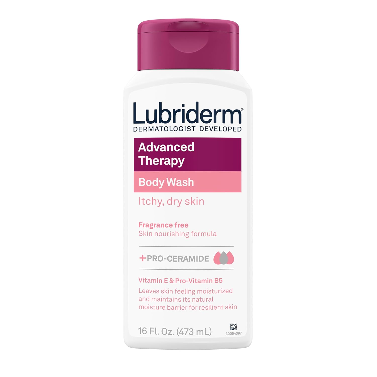 Lubriderm Advanced Therapy Body Wash, Unscented Nourishing Cleanser with Pro-Ceramide, Vitamin E & Pro-Vitamin B5 Gently Cleanses Itchy, Dry Skin, Fragrance Free, Hypoallergenic, 16 fl. oz