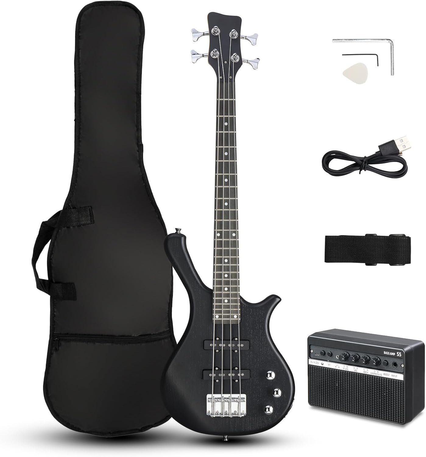 Ktaxon 36 Inch Bass Guitar 4 String Electric Bass Guitar with Dual Connectivity & Portable Power 15W Amp, Excellent Tone, Exquisite Craftsmanship and Ergonomic Body Design for Beginner(Black)