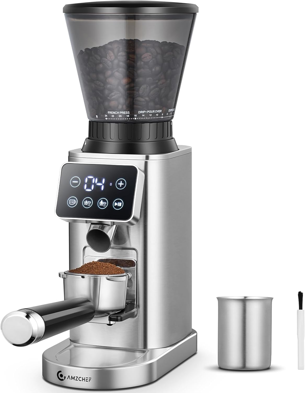 AMZCHEF Electric Coffee Grinder, Burr Coffee Grinders for Home Use, 24 Precise Grind Setting, LED Control Panel, Detachable Portafilter Holder, Stainless Steel Coffee Bean Grinder for Espresso