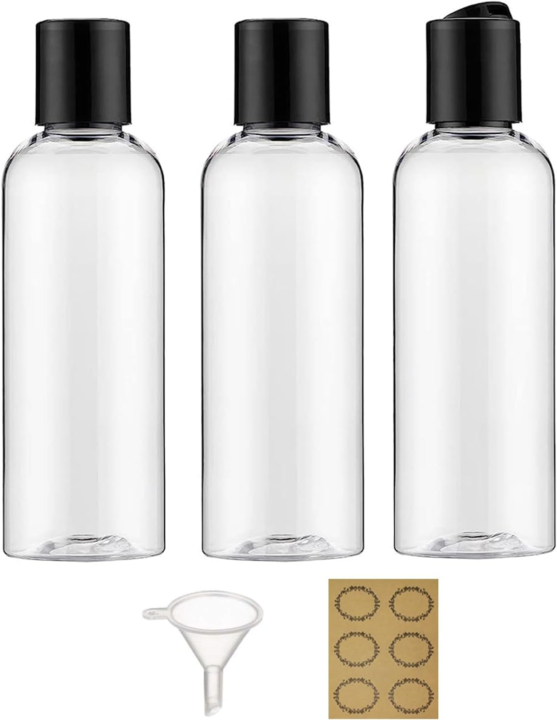 Apstaqeoo 3PCS 200ML Plastic Bottles with Disc Top Flip Cap Empty Squeeze Bottles Clear Refillable Travel Container Dispensing with Funnel & Label for Liquids Lotion Shampoo Toiletries Cosmetic
