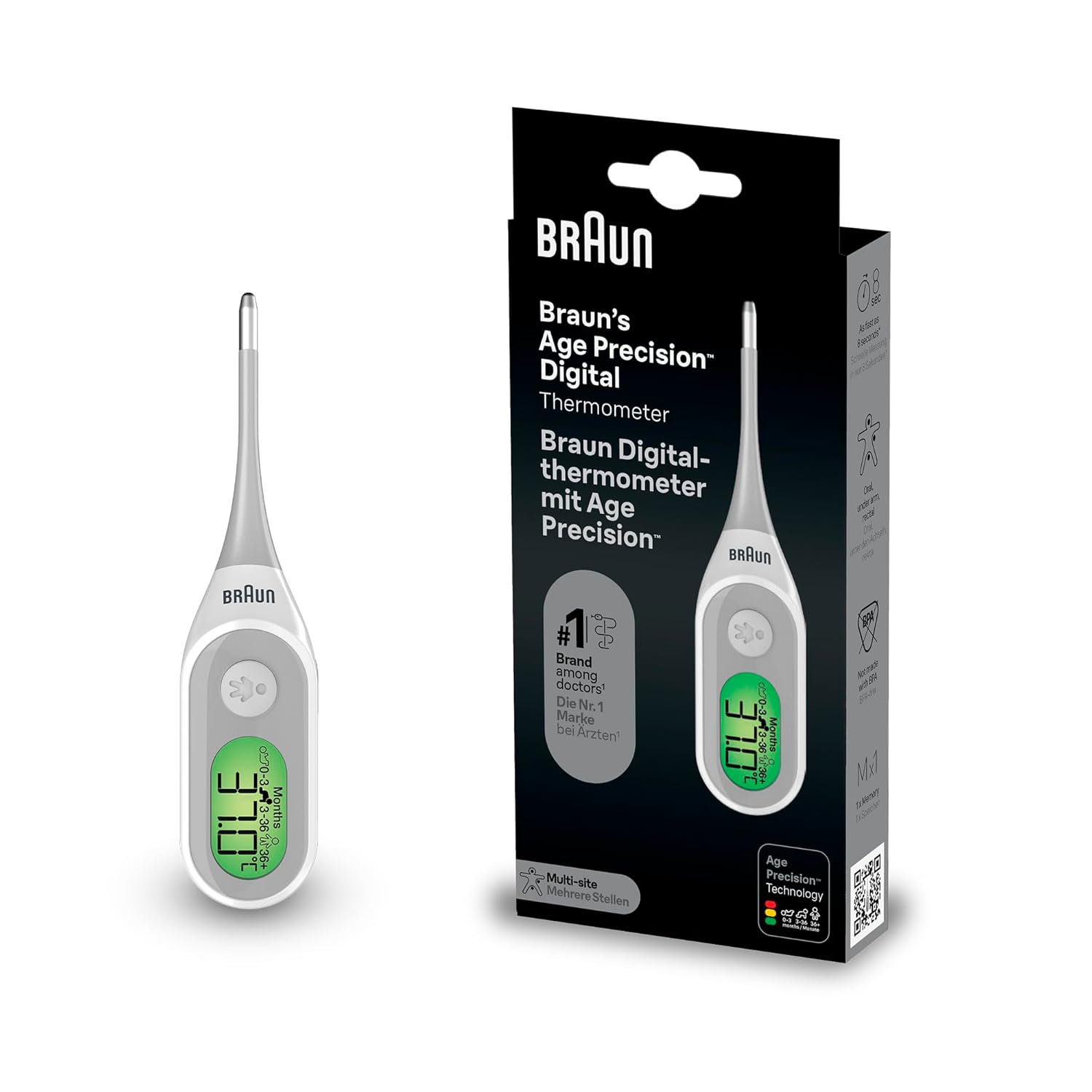Braun Age Precision Digital thermometer - Digital Stick for Multi-Site Usage - Orally, Rectally or Underarm - Baby and Infant Friendly - #1 Brand among doctors(1) - PRT2000