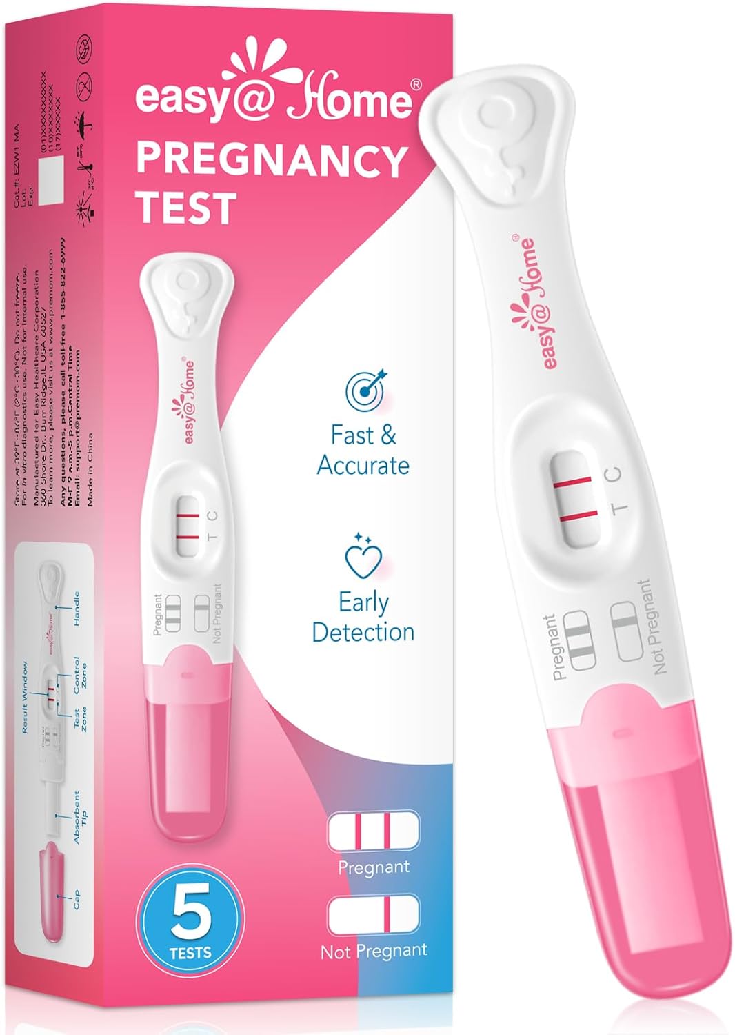 Easy@Home Pregnancy Test Sticks: Early Detection & Reliable - 5 Count - Accurate Results in Minutes - Easy to Use at Home Pregnancy Tests with Curved Handle