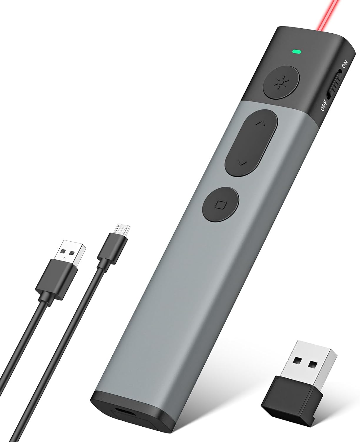 Presentation Clicker Wireless Presenter Remote - Rioicc Rechargeable Aluminum PowerPoint Clicker with Red Laser, Plug & Play Laser Pointer for Mac/OS/Keynote/Prezi/Google Slides/Windows/Linux