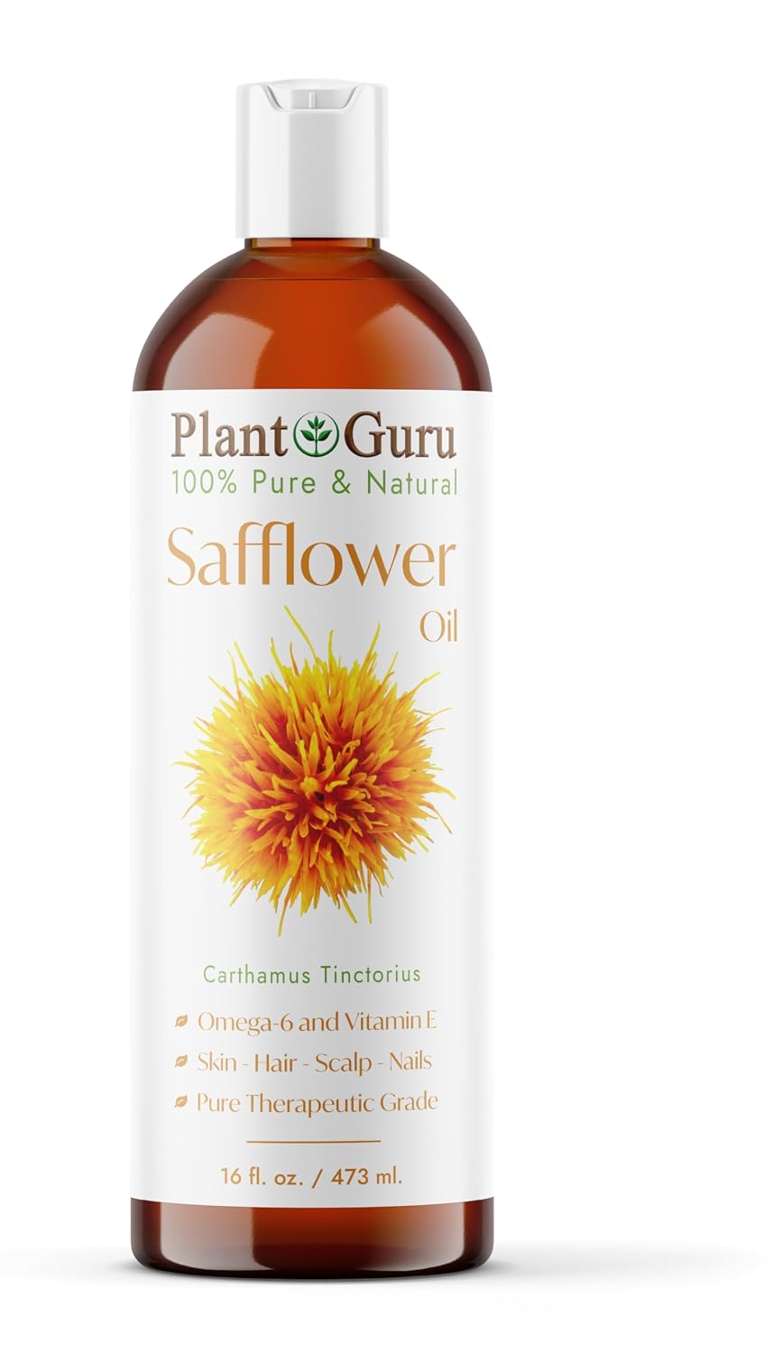 Plant Guru Safflower Oil 16 fl. oz. High Oleic Cold Pressed, 100% Pure Natural Carrier Oil for Skin, Face, Body, and Hair. Great for DIY Creams, Lotions, and Lip Balms