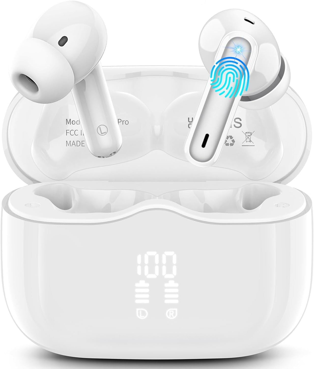 Wireless Earbuds, Bluetooth 5.3 Headphones in Ear with HiFi Stereo Deep Bass, 4 ENC Noise Cancelling Mic Wireless Earphones 40H Playtime, Bluetooth Earbuds Dual LED Display, IP7 Waterproof, Snow White