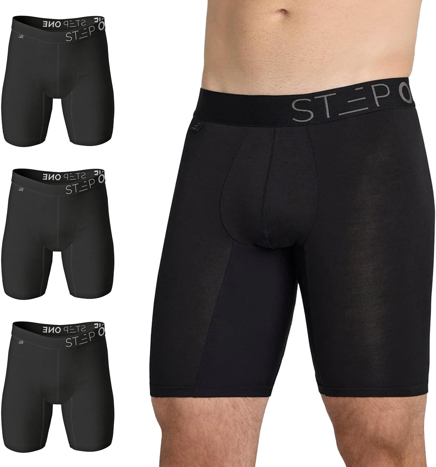 STEP ONE 3-Pack Boxer Briefs Sport. Longer Length Mens Boxers Shorts with 3D Pouch, Anti Chafing Underwear Mens, Breathable Bamboo, All-Day Comfort for Sports & Fitness