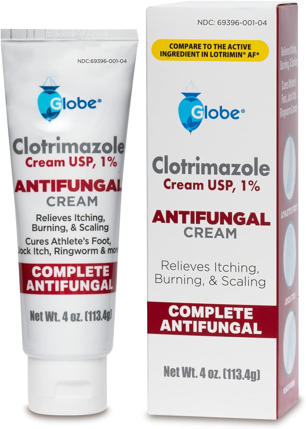 Globe Clotrimazole Antifungal Cream 1% USP, 4 oz, Anti Fungal Treatment, Relieves Itching, Burning, Cracking and Scaling Associated Athletes Foot, Jock Itch, Ringworm and More