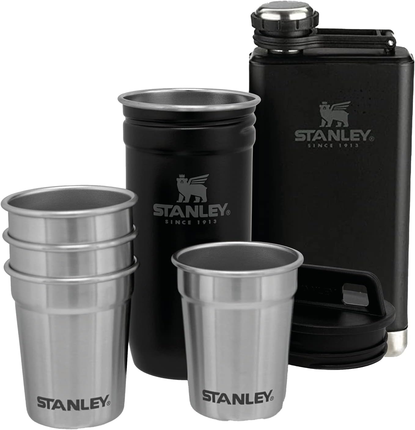 Stanley Adventure Pre-Party Shot Glasses Set + Hip Flask - BPA-Free Stainless Steel Flask - Alcohol Gifts Set - Dishwasher Safe - Matte Black