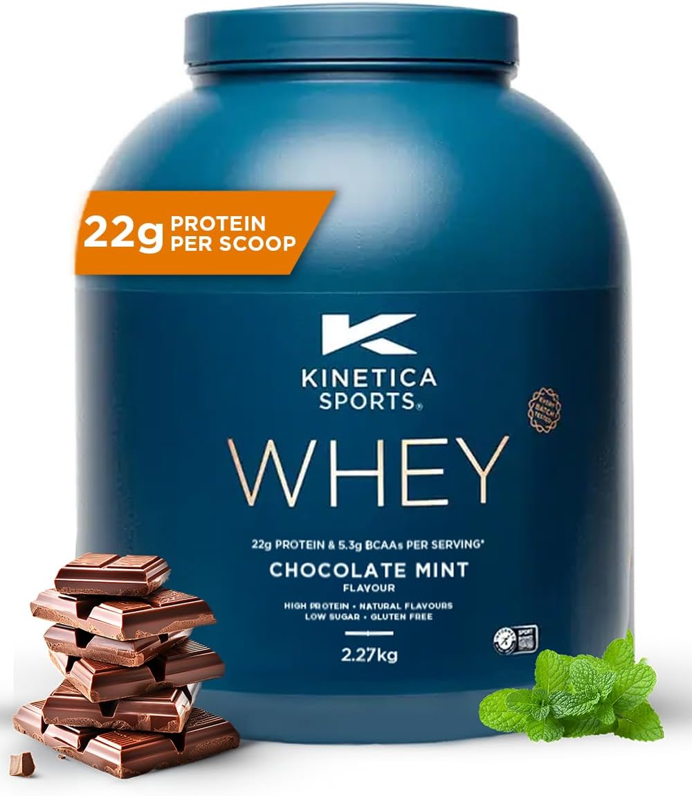 Kinetica Sports Whey Protein Powder - Chocolate Mint, 2.27 Kg, 76 Servings | 23g Protein, 5.5g BCAA Amino Acid & 4.32g Glutamine | Recovery Shake for Optimum Nutrition | WADA & Informed Sport Approved