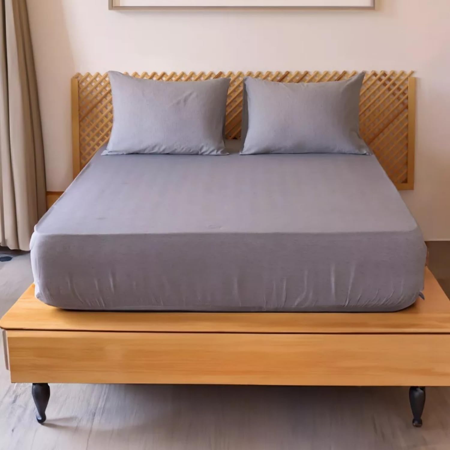 VELAFEE Deep Fitted Sheets Double Bed with 2x Pillowcase - Cotton and Polyester Made - Soft Double Fitted Sheet with Extra Deep 30cm Pocket for Mattress Fit - Grey Color