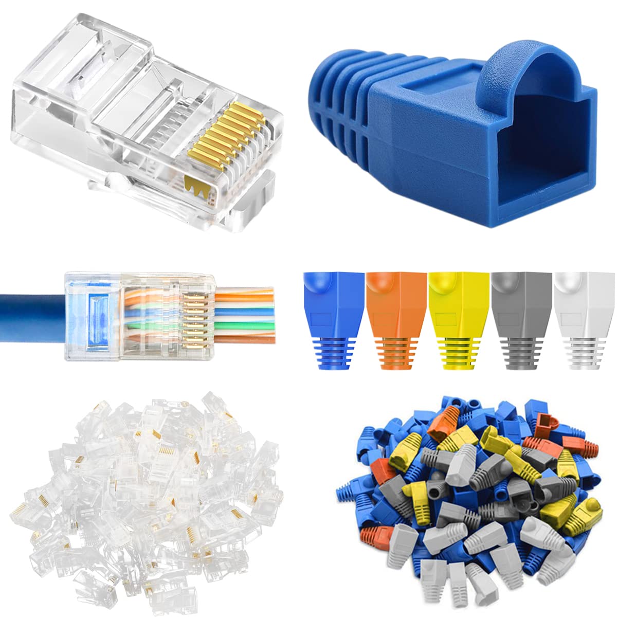 Xiatiaosann RJ45 CAT5 Cat6 Connectors Ends Pass Through Ethernet 8P8C UTP Network Plug for RJ45 Cable, 50 PCS Transparent RJ45 Crimp Male, with RJ45 Boot Cover 5 Colors