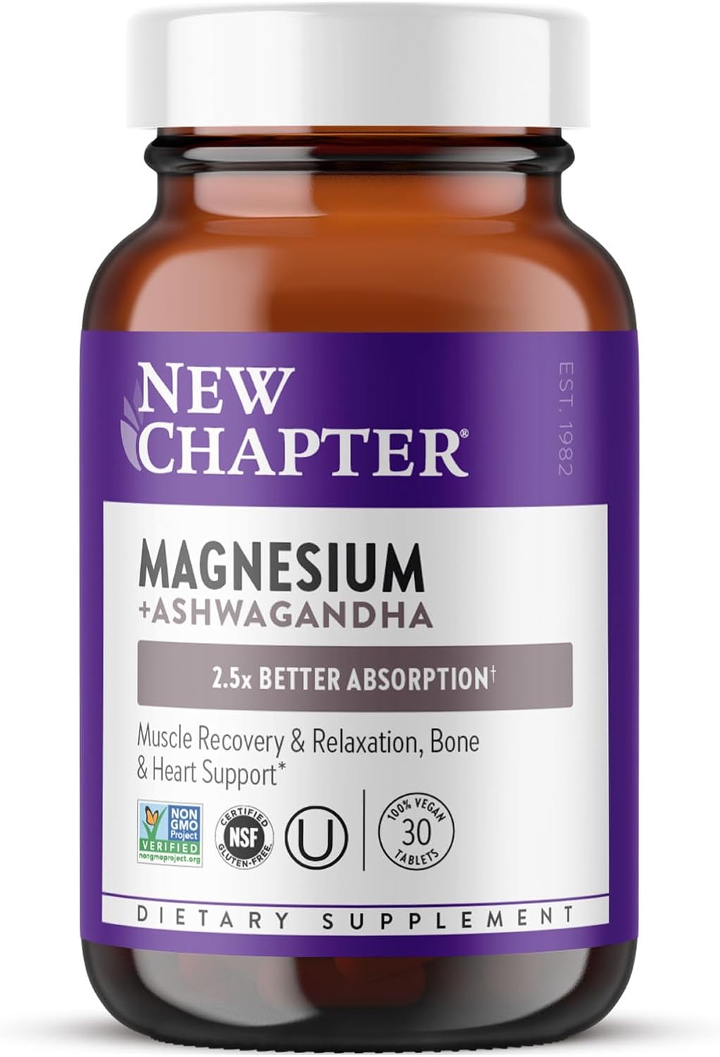 New Chapter Magnesium Glycinate 325mg & Ashwagandha Supplement, 30 Tablets