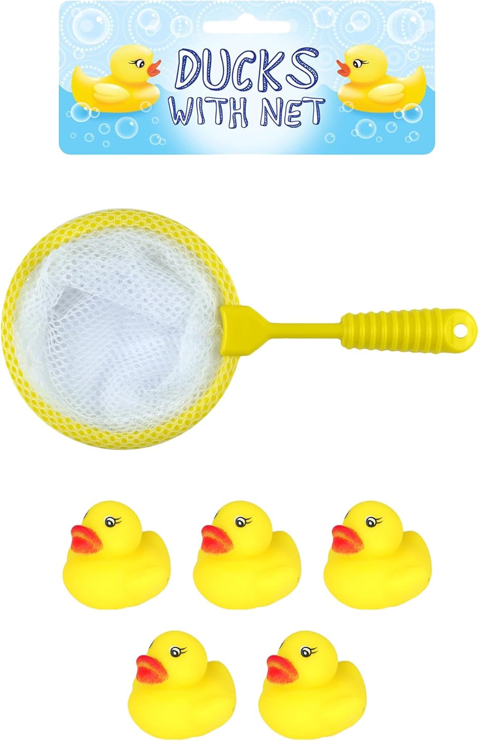 5 Mini Yellow Rubber Ducks with Fishing Net, Baby Toddler Bath Toy, Great for Paddling Pool Games and Bathtub Play (One Pack)