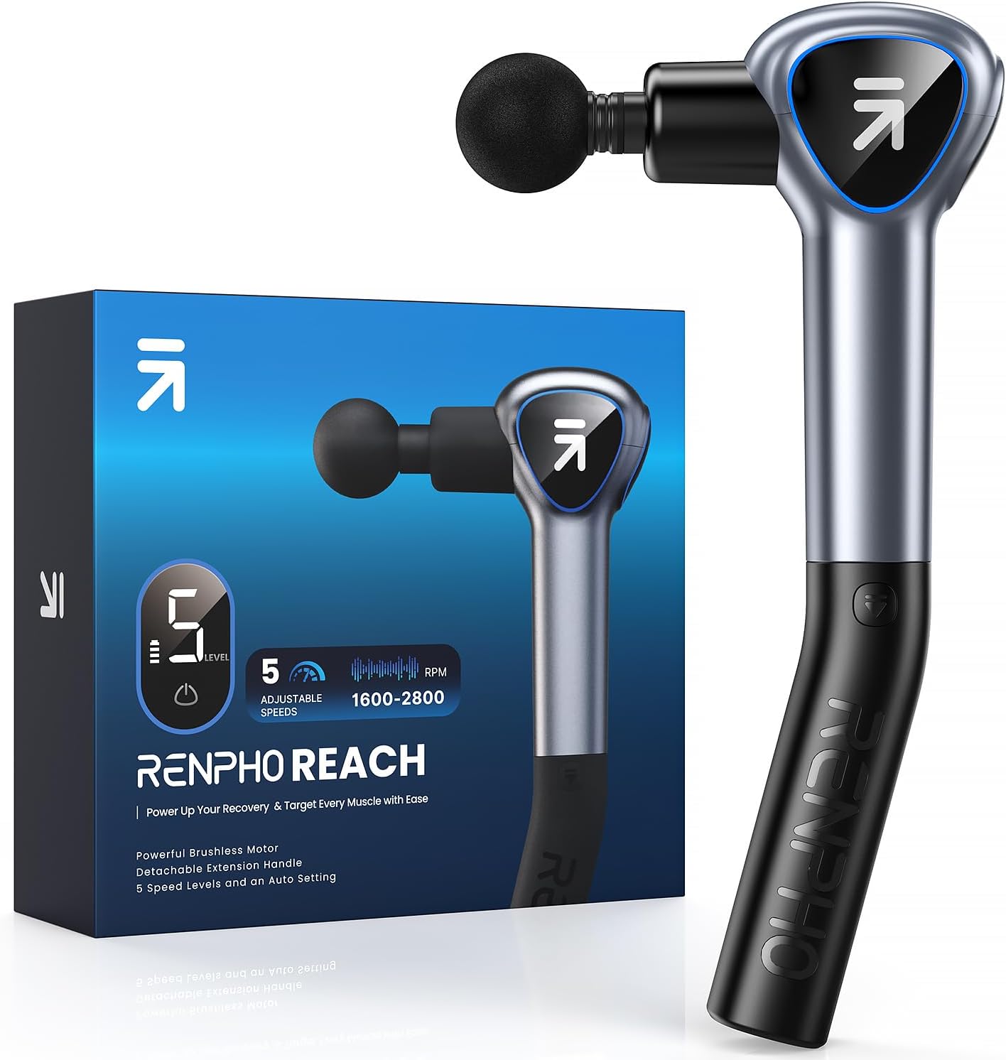 RENPHO Massage Gun with Detachable Handle, Mini Massager Gun with Extension Handle, Muscle Massage Gun Deep Tissue with Touchable LED Screen for Home Workout Full Body Muscle Massage Relax Gift, Grey